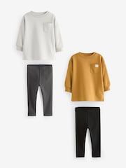 Grey/Ochre Yellow 2 Pack Long Sleeve T-Shirt & Leggings Set (3mths-7yrs) - Image 1 of 13