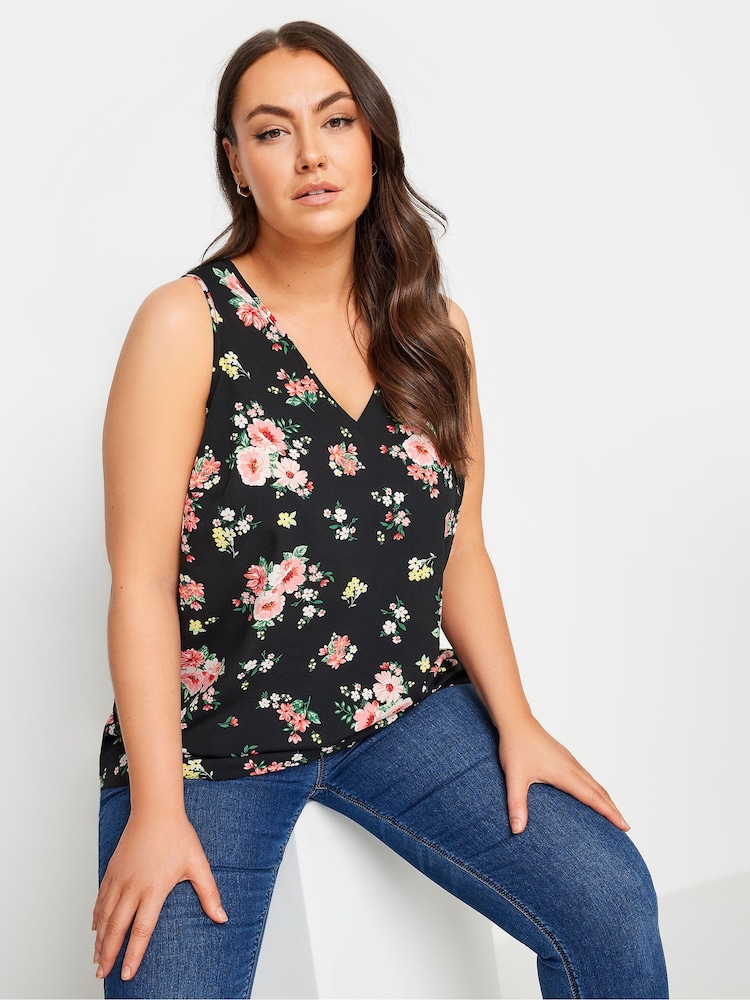 Yours Curve Black Pink Floral Print Vest Top - Image 1 of 6
