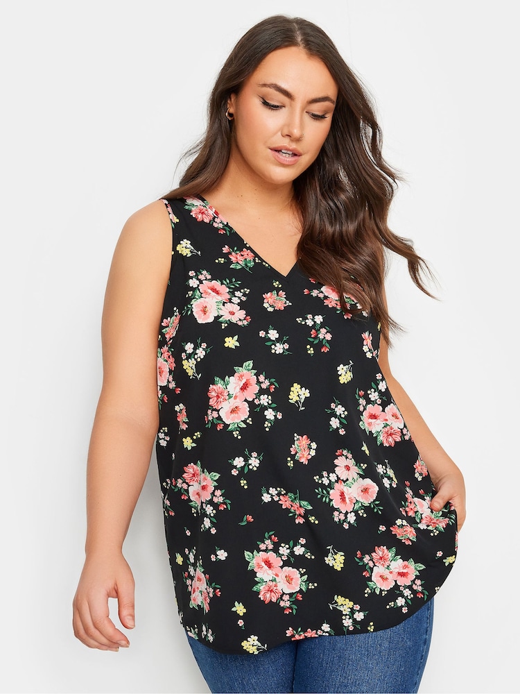 Yours Curve Black Pink Floral Print Vest Top - Image 2 of 6