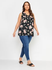 Yours Curve Black Pink Floral Print Vest Top - Image 3 of 6