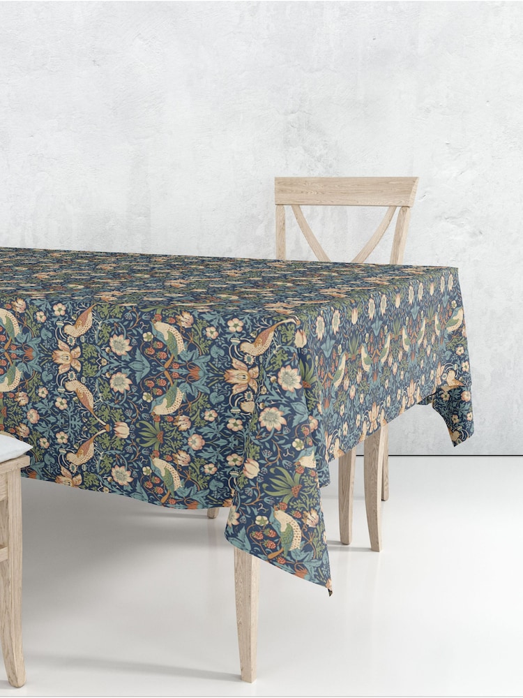 William Morris Gallery Blue Strawberry Thief 100% Cotton Wipe Clean Table Cloth - Image 1 of 2