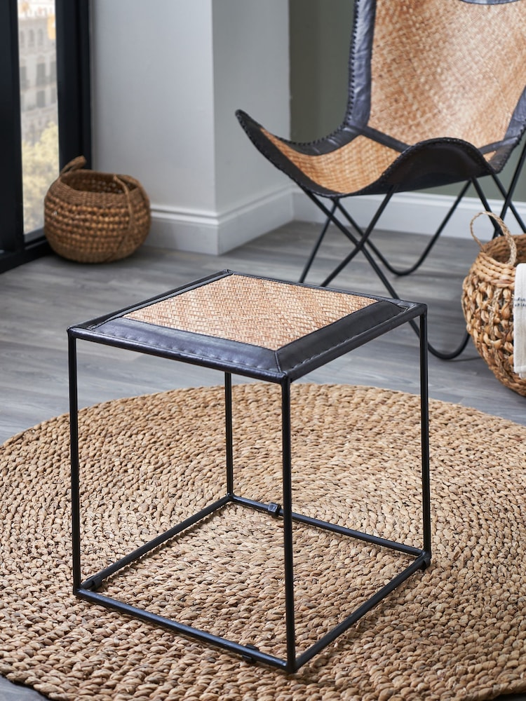 Pacific Natural Ezio Black Leather, Woven Rattan and Iron Stool - Image 1 of 5