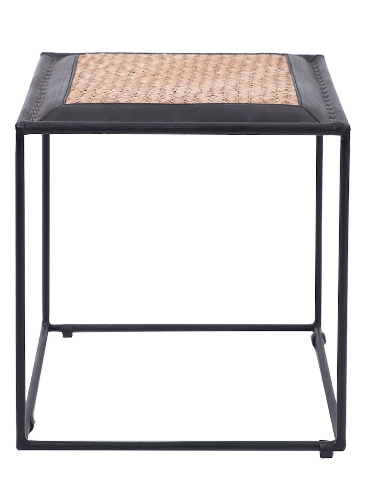 Pacific Natural Ezio Black Leather, Woven Rattan and Iron Stool - Image 2 of 5