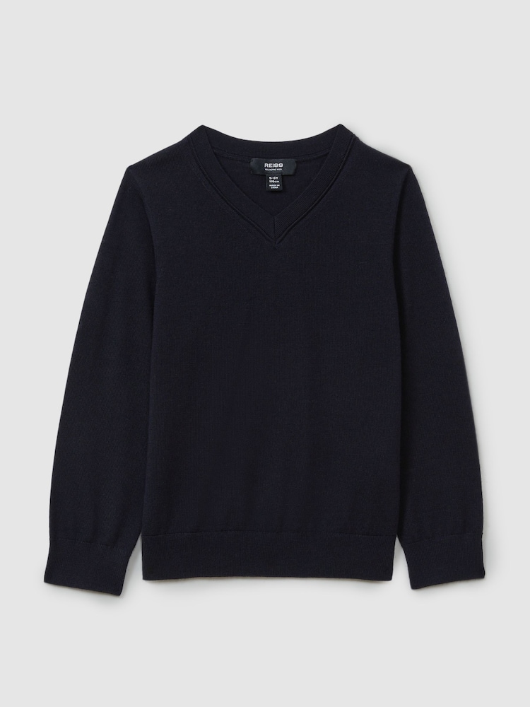 Reiss Navy Earl 3-9 yrs Merino Wool V-Neck Jumper - Image 2 of 4
