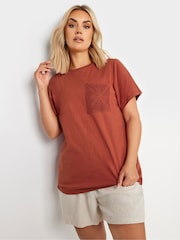 Yours Curve Brown 100% Cotton Crochet Pocket T-Shirt - Image 1 of 5