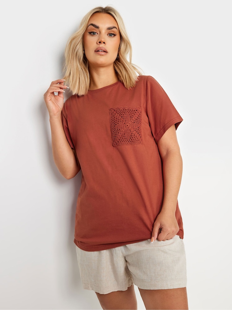 Yours Curve Brown 100% Cotton Crochet Pocket T-Shirt - Image 1 of 5