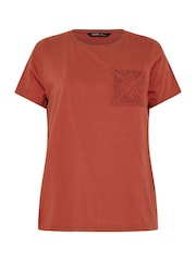 Yours Curve Brown 100% Cotton Crochet Pocket T-Shirt - Image 5 of 5