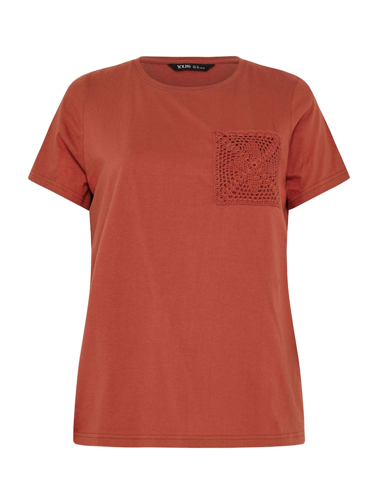 Yours Curve Brown 100% Cotton Crochet Pocket T-Shirt - Image 5 of 5