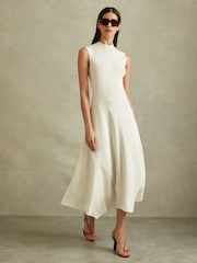 Reiss Ivory Lani Hybrid Knit Tie Back Midi Dress - Image 1 of 6