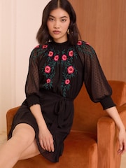 Love & Roses Black Embroidered Dobby 3/4 Sleeve Belted Mini Dress - Image 1 of 4