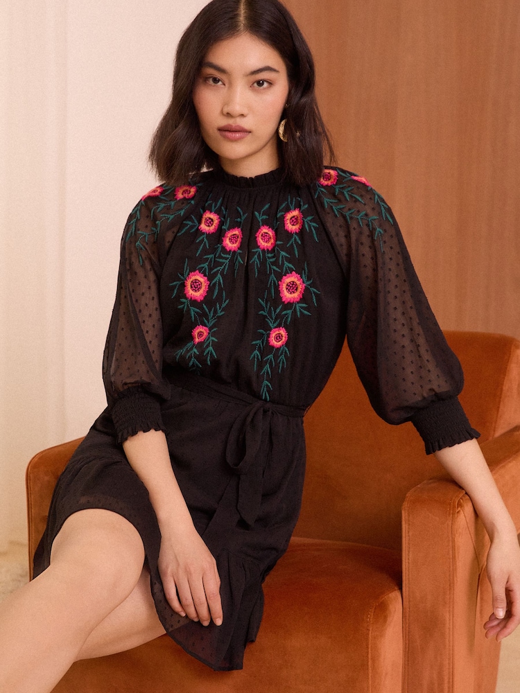 Love & Roses Black Embroidered Dobby 3/4 Sleeve Belted Mini Dress - Image 1 of 4