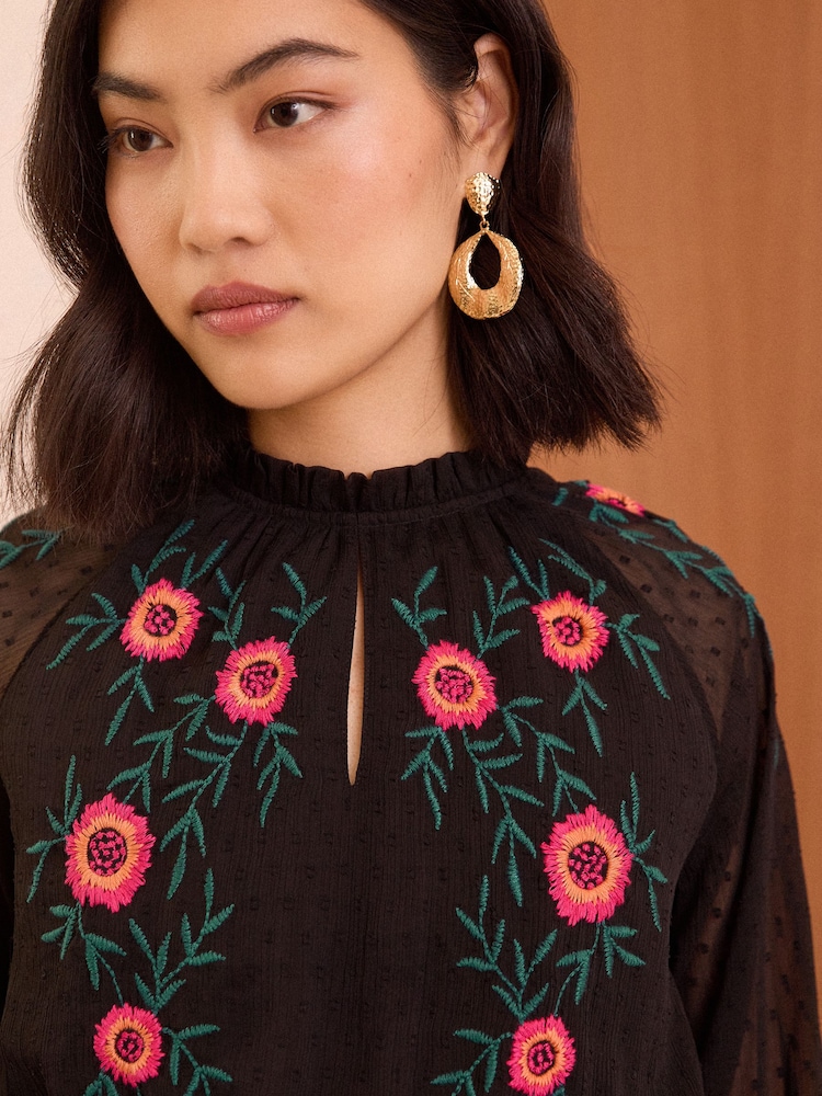 Love & Roses Black Embroidered Dobby 3/4 Sleeve Belted Mini Dress - Image 2 of 4