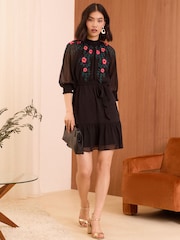Love & Roses Black Embroidered Dobby 3/4 Sleeve Belted Mini Dress - Image 3 of 4