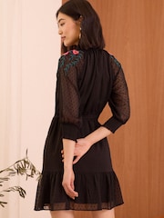 Love & Roses Black Embroidered Dobby 3/4 Sleeve Belted Mini Dress - Image 4 of 4