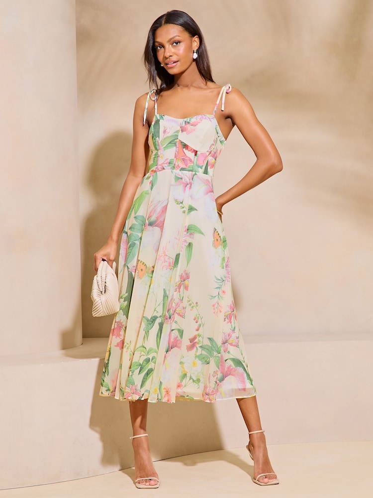 Lipsy Cream Floral Printed Cami Godet Sweetheart Midaxi Dress - Image 1 of 4