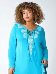 Roman Blue Border Print Lace-Up Top - Image 1 of 5