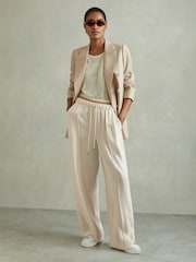 Reiss Cream Fleur Waistband Detail Wide Leg Trousers - Image 1 of 6