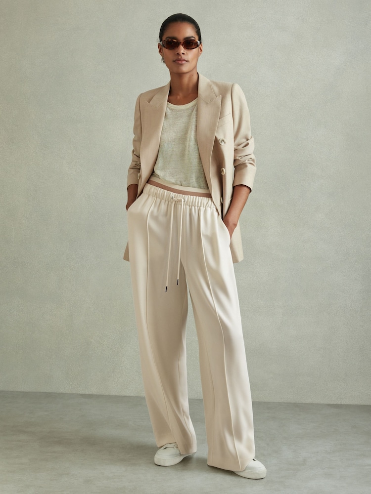 Reiss Cream Fleur Waistband Detail Wide Leg Trousers - Image 1 of 6
