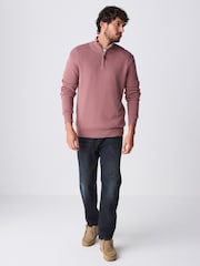 Dusky Pink Plain Regular Fit 100% Cotton Premium Quarter Zip Jumper - Image 2 of 10