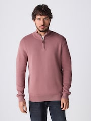 Dusky Pink Plain Regular Fit 100% Cotton Premium Quarter Zip Jumper - Image 4 of 10