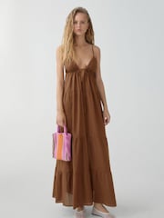 Mango Brown 100% Cotton Long Dress With Bow Neckline - Image 1 of 6