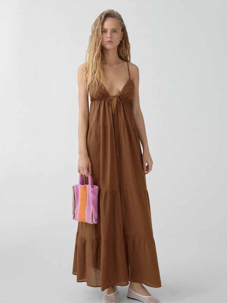 Mango Brown 100% Cotton Long Dress With Bow Neckline - Image 1 of 6