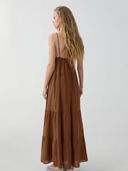 Mango Brown 100% Cotton Long Dress With Bow Neckline - Image 2 of 6