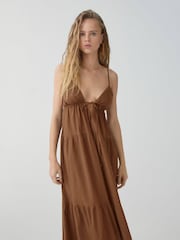 Mango Brown 100% Cotton Long Dress With Bow Neckline - Image 3 of 6