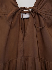 Mango Brown 100% Cotton Long Dress With Bow Neckline - Image 6 of 6