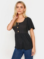 PixieGirl Petite Black Ribbed Button Detail Smock Top - Image 1 of 4