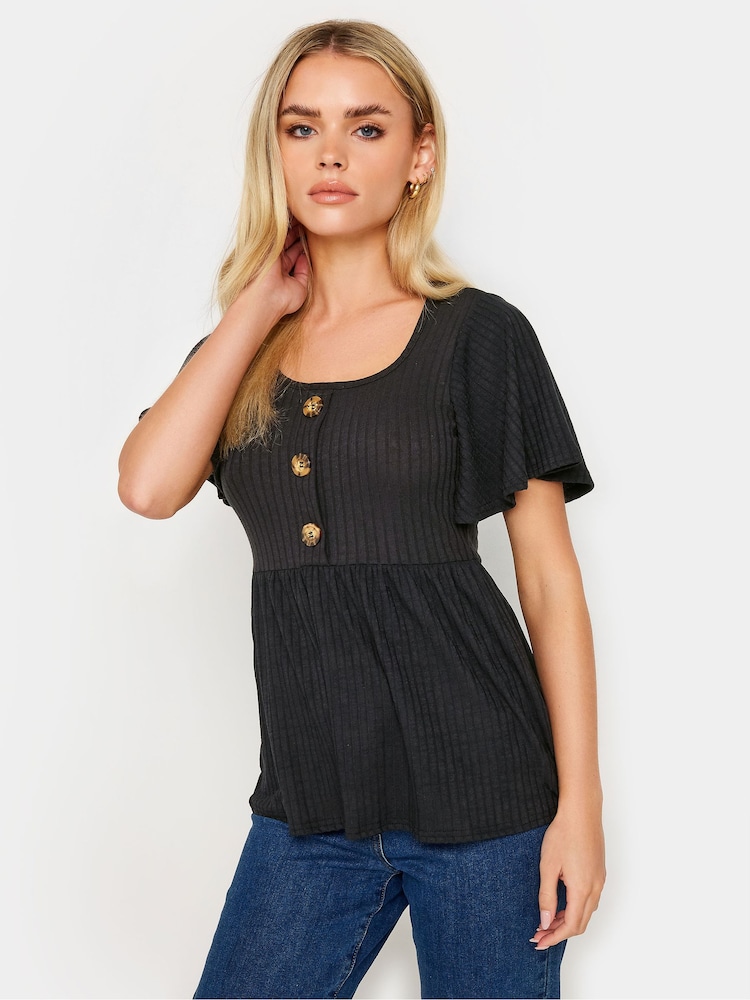 PixieGirl Petite Black Ribbed Button Detail Smock Top - Image 1 of 4