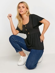PixieGirl Petite Black Ribbed Button Detail Smock Top - Image 2 of 4