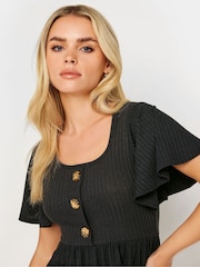 PixieGirl Petite Black Ribbed Button Detail Smock Top - Image 4 of 4