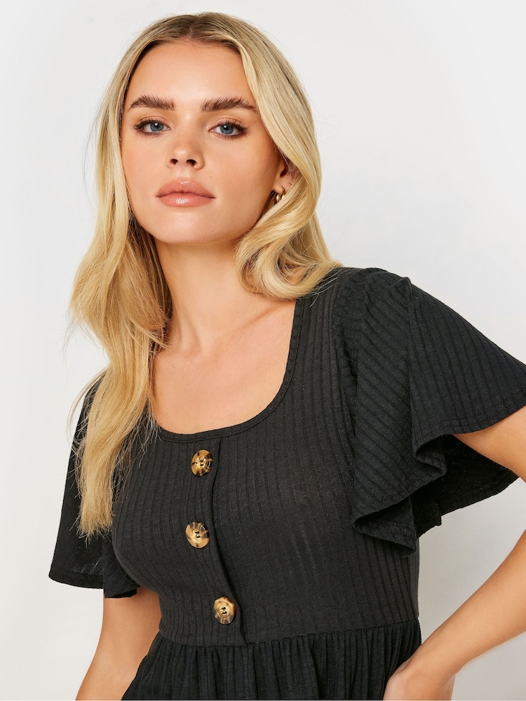 PixieGirl Petite Black Ribbed Button Detail Smock Top - Image 4 of 4