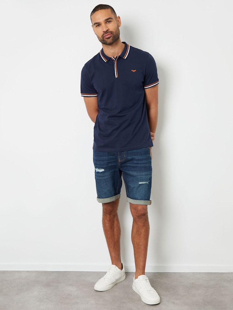 Threadbare Navy Blue 100% Cotton Polo Shirt With Herringbone Detail Collar - Image 3 of 4