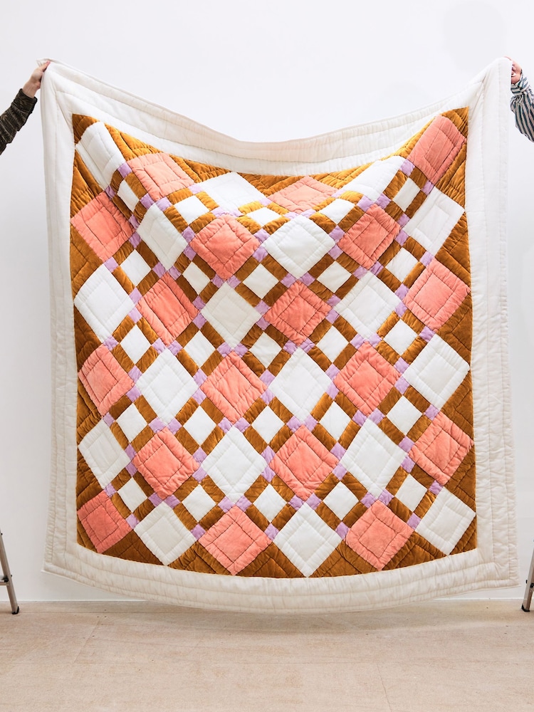 Oliver Bonas Pink Elio Patchwork Velvet Bedspread - Image 1 of 5