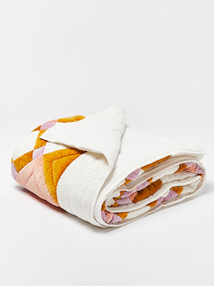Oliver Bonas Pink Elio Patchwork Velvet Bedspread - Image 2 of 5