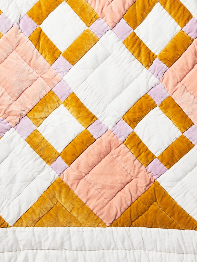 Oliver Bonas Pink Elio Patchwork Velvet Bedspread - Image 5 of 5