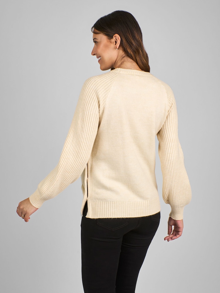 JoJo Maman Bébé Cream Maternity And Nursing Cable Side Button Jumper - Image 2 of 4