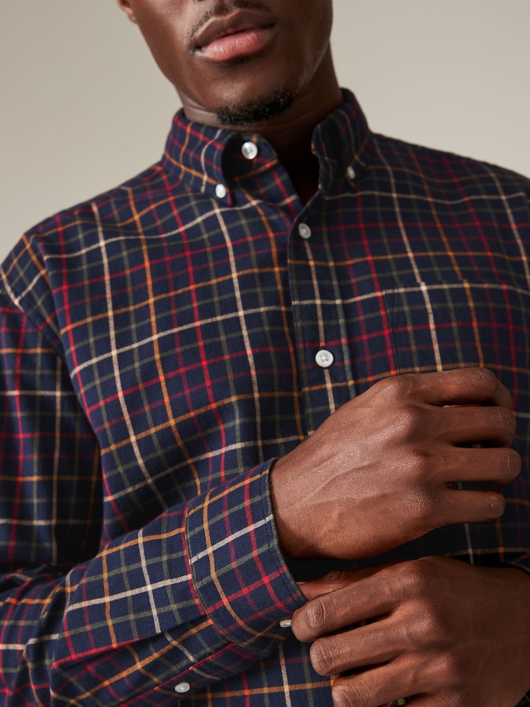 Navy Blue Check Long Sleeve 100% Cotton Oxford Shirt - Image 4 of 7