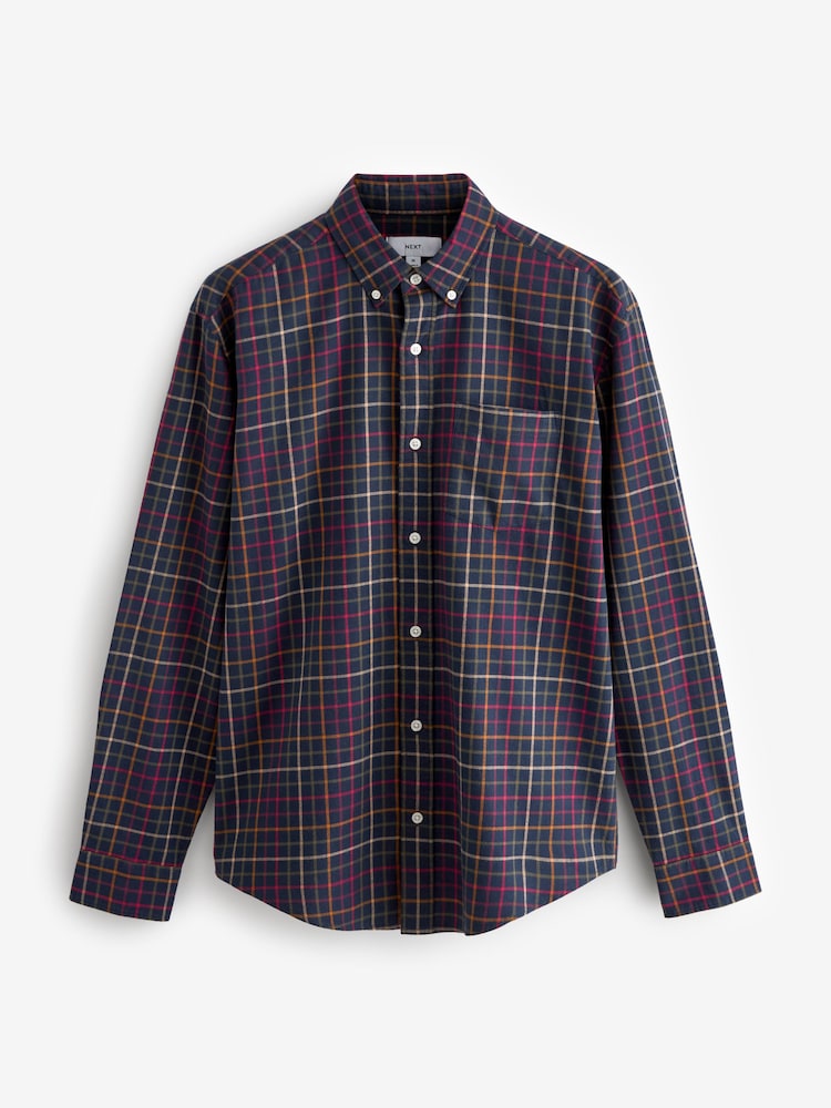 Navy Blue Check Long Sleeve 100% Cotton Oxford Shirt - Image 5 of 7