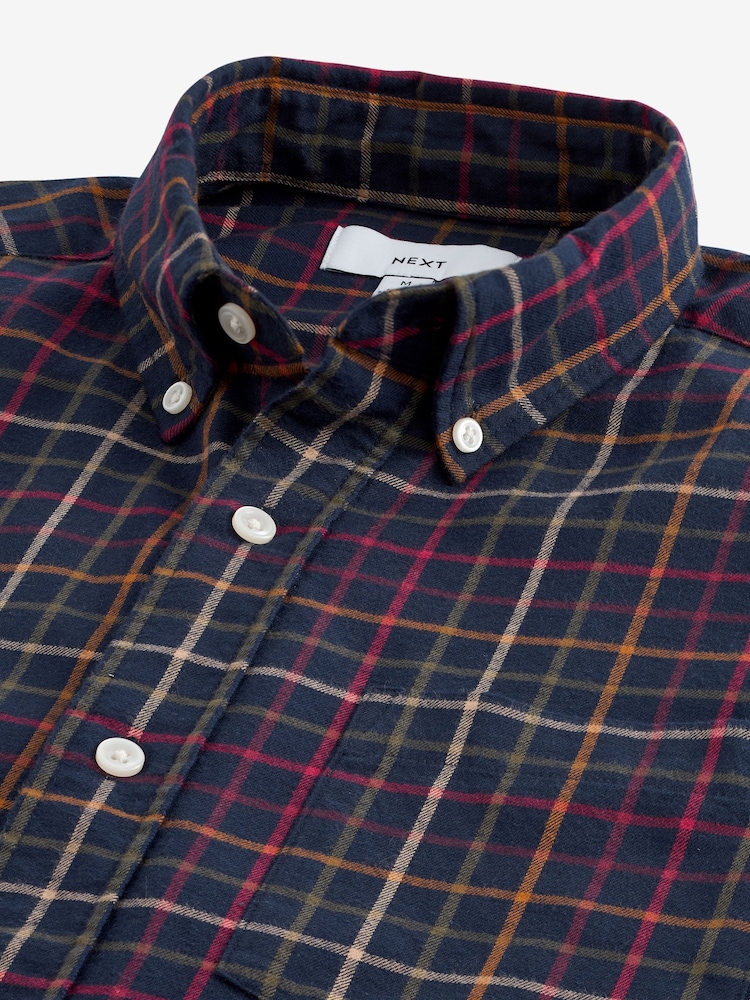 Navy Blue Check Long Sleeve 100% Cotton Oxford Shirt - Image 7 of 7