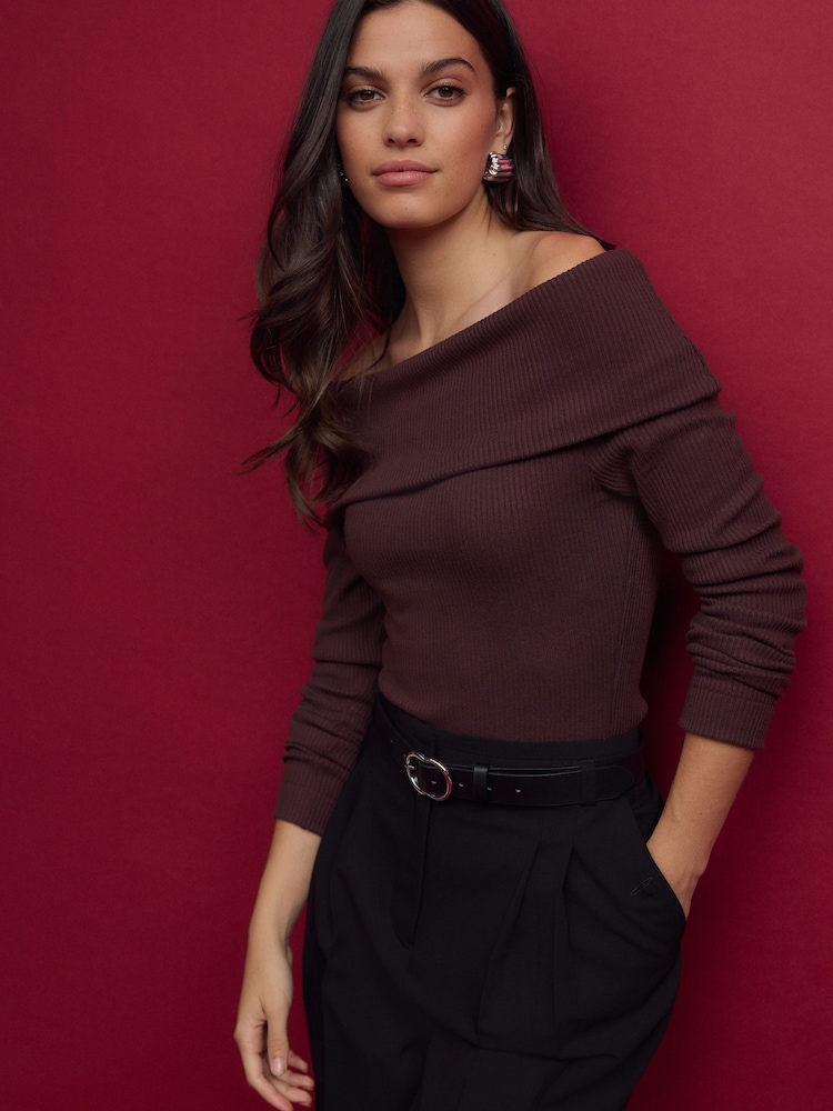 Burgundy Red Ribbed Long Sleeve Bardot Top - Image 1 of 7