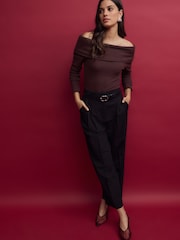 Burgundy Red Ribbed Long Sleeve Bardot Top - Image 2 of 7