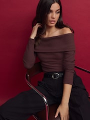Burgundy Red Ribbed Long Sleeve Bardot Top - Image 3 of 7