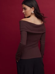 Burgundy Red Ribbed Long Sleeve Bardot Top - Image 4 of 7
