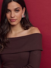 Burgundy Red Ribbed Long Sleeve Bardot Top - Image 5 of 7