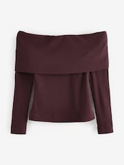 Burgundy Red Ribbed Long Sleeve Bardot Top - Image 6 of 7