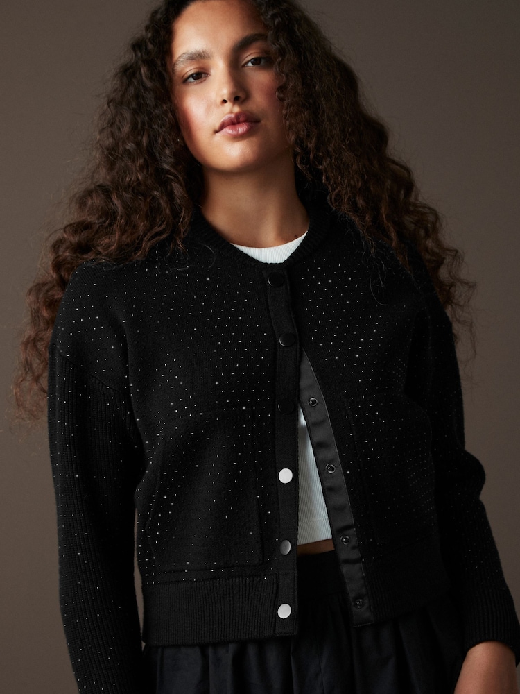 črna - Knitted Bomber jakna; suknjič pletena jopa - Slika 1 iz 8