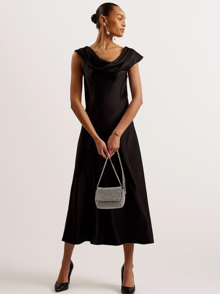 Ted Baker Black Draped Neck Bias Cut Sirinna Midi Dress - Image 1 of 6